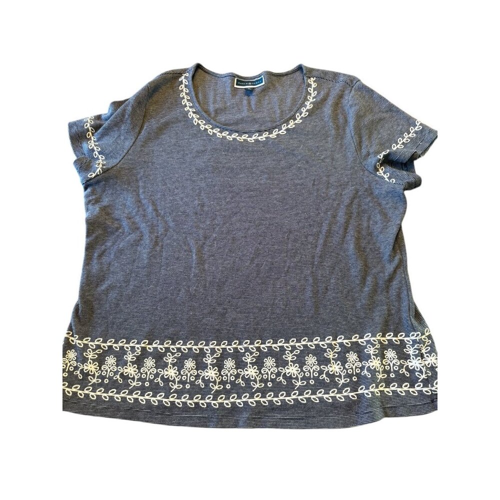 Karen Scott Womens Petite Embroidered Striped Tee Top Blue White striped 3x
